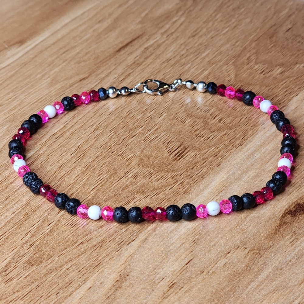 Pink Briolette Crystal & Lava Beads Beaded Ankle Bracelet Handmade
